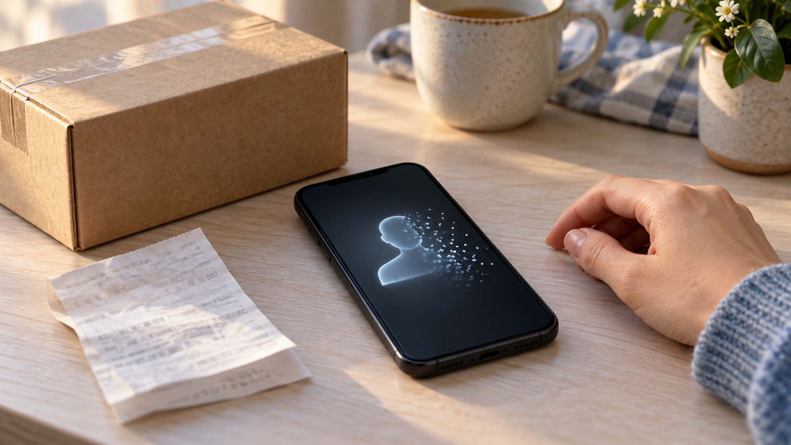 Смартфон с исчезающим силуэтом профиля рядом с посылкой и чеком. ИИ-иллюстрация.