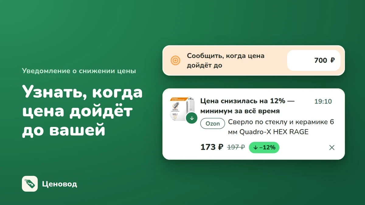 Поле «Сообщить, когда цена дойдёт до» с суммой 700 ₽ и уведомление Ценовода о снижении цены на 12 % до минимума за всё время