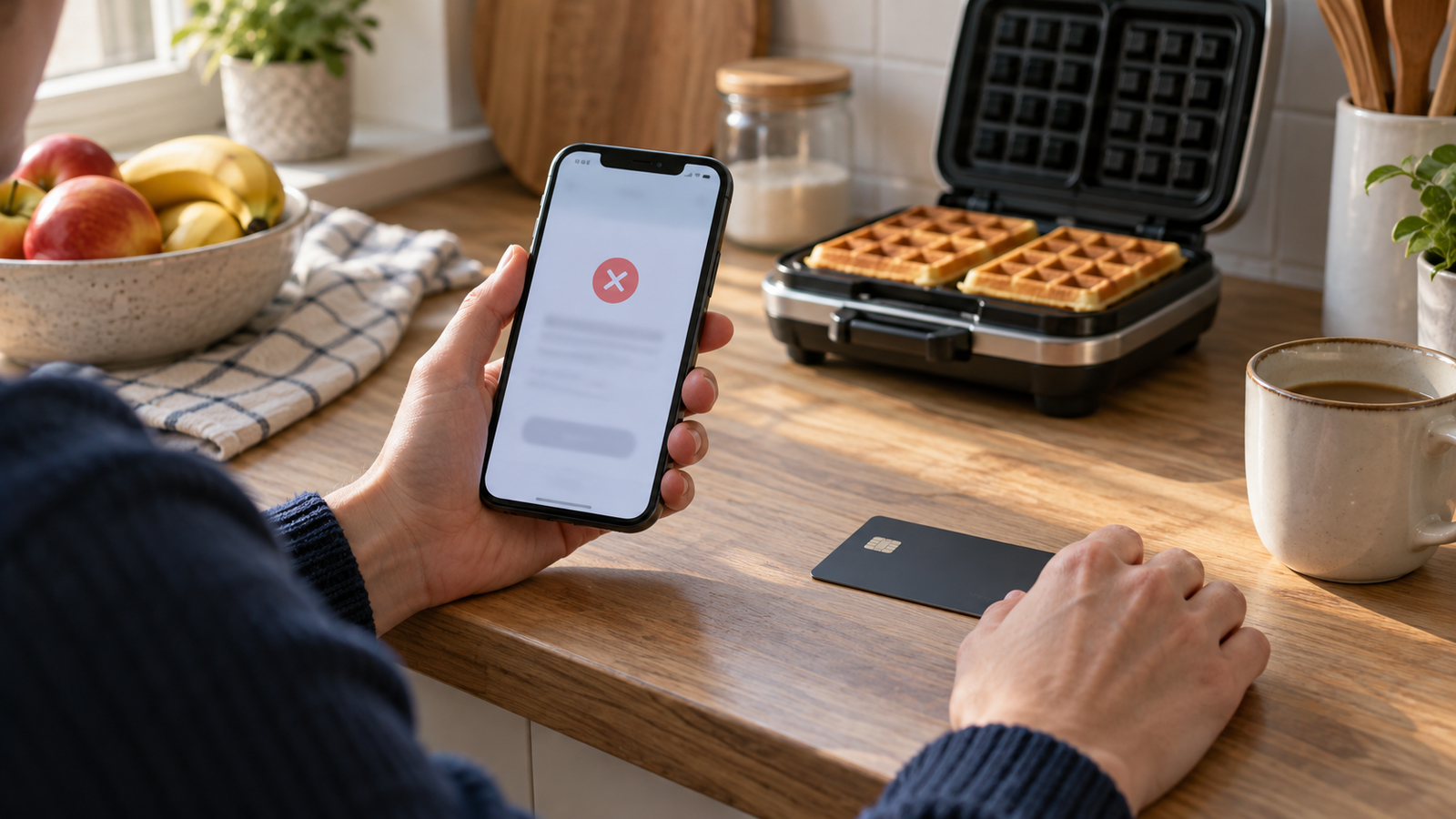 Ошибка платежа на смартфоне рядом с банковской картой и вафельницей. ИИ-иллюстрация.