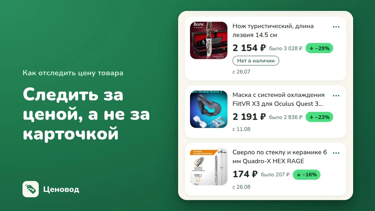 Список товаров в Ценоводе: нож, маска для VR-шлема и сверло, у каждого текущая цена, прежняя цена и процент снижения