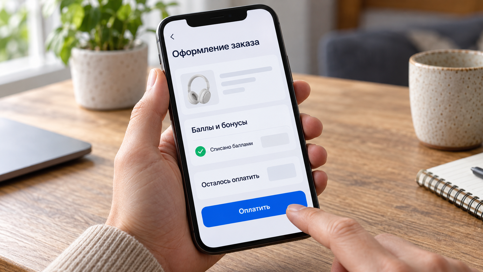 Смартфон с оформлением заказа: баллы списаны, часть покупки осталось оплатить