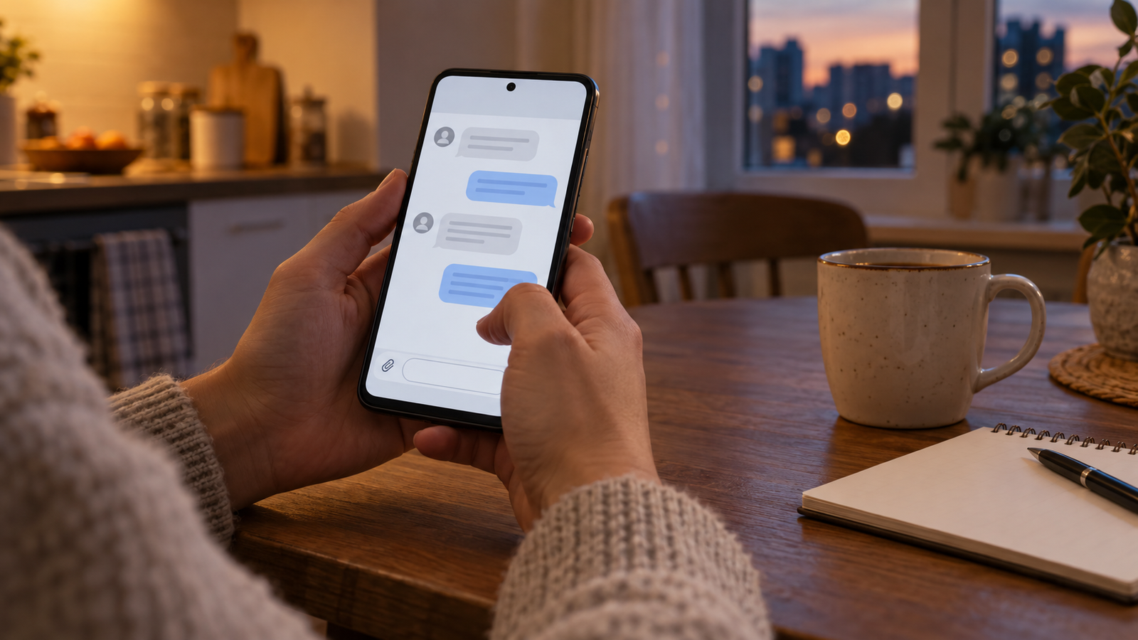 Обращение в чат со смартфона за кухонным столом. ИИ-иллюстрация.